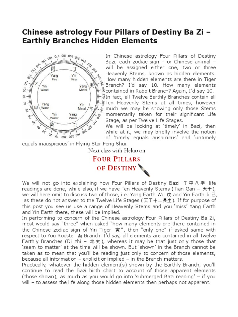 Chinese Astrology Four Pillars of Destiny Ba Zi - Earthly Branches Hidden  Elements | PDF