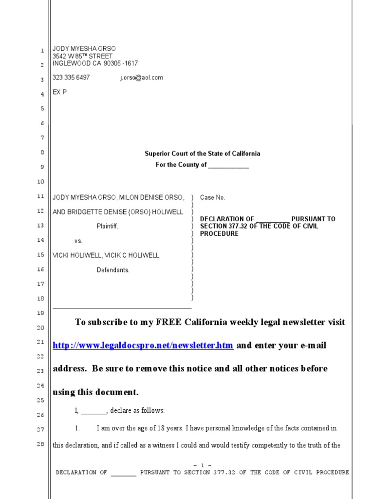 Sample declaration under section 377 32 of the california code of civil