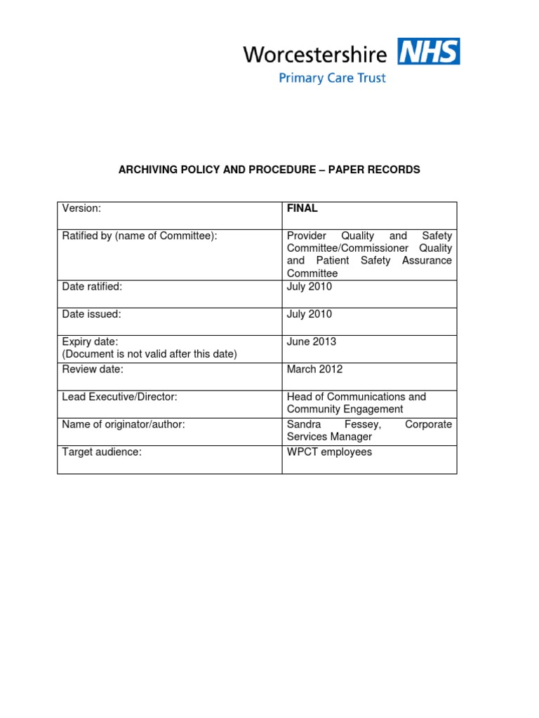 WPCT Paper Records Archiving Policy | PDF | Records Management ...