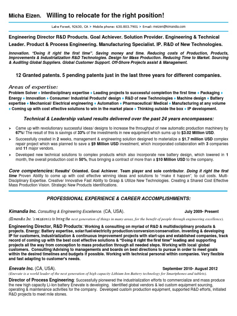 Engineering Director R&D Products in United States Resume Micha Eizen