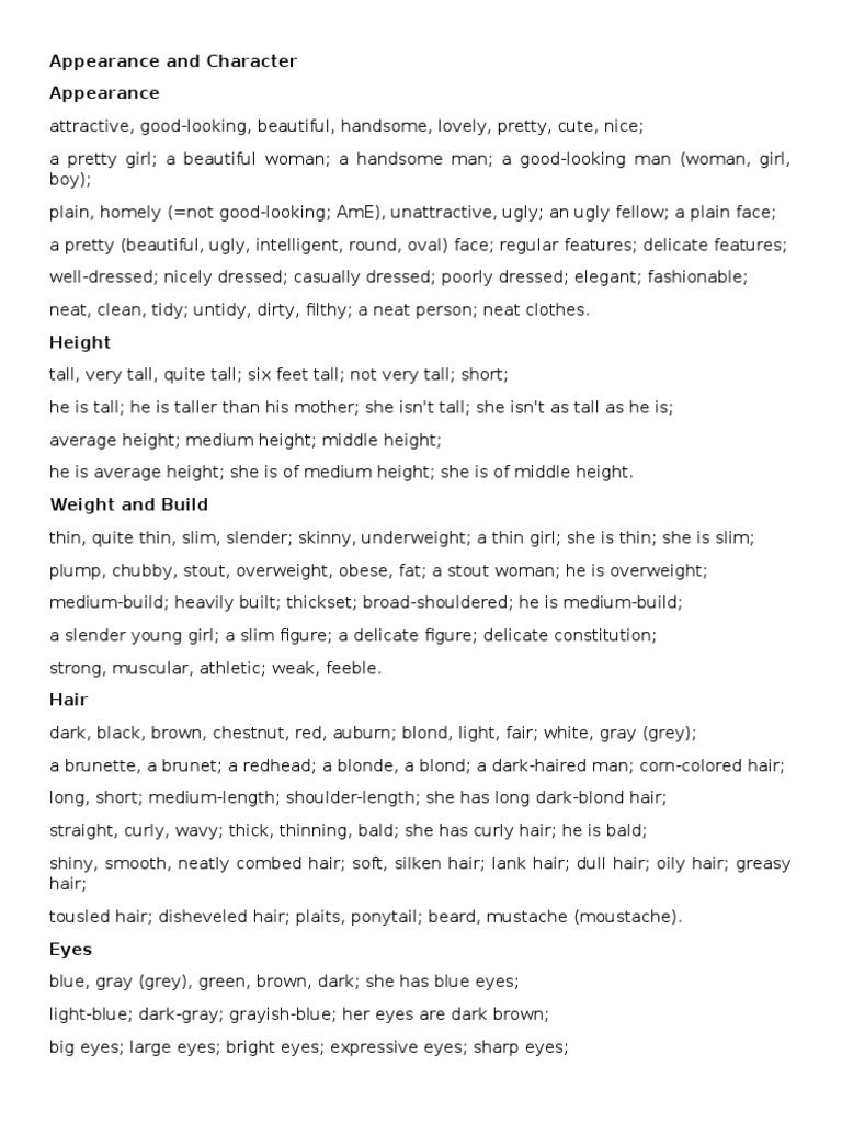 Descriptive Terms for Appearance and Character | PDF | Integumentary ...