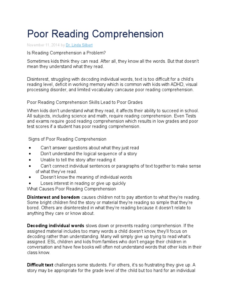 Poor Reading Comprehension PDF Reading Comprehension Aphasia