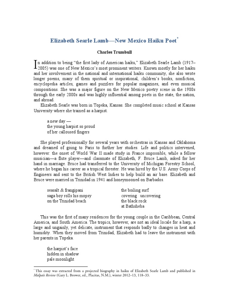 Elizabeth Lamb, by Charles Trumbull PDF Haiku Poetry