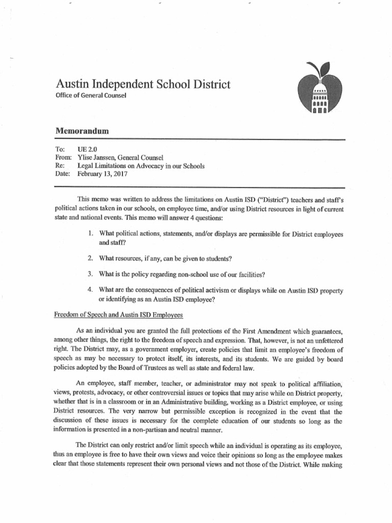 Austin ISD Letter: Legal Limitations On Advocacy in Schools | PDF