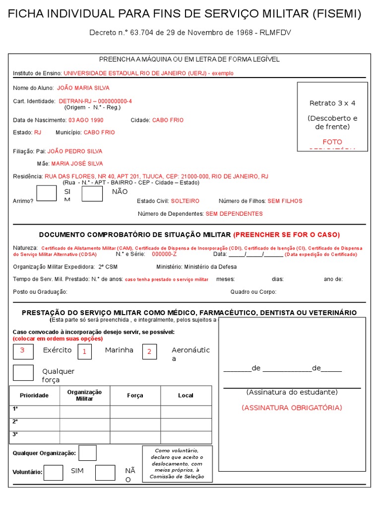 Ficha Individual para Serviço Militar FISEMI | PDF | Conscrição | Rio ...