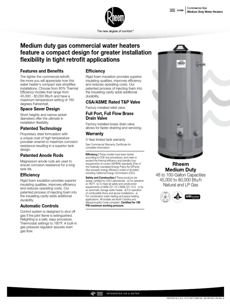 Rheem Ruud Med Duty Spec Sheet PDF Water Heating Hvac