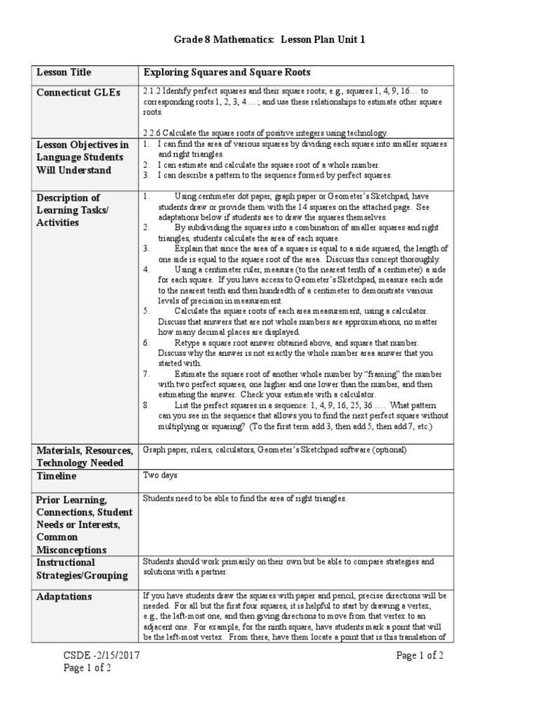 Grade 8 Lesson Plan: Squares & Roots | PDF | Square Root | Integer