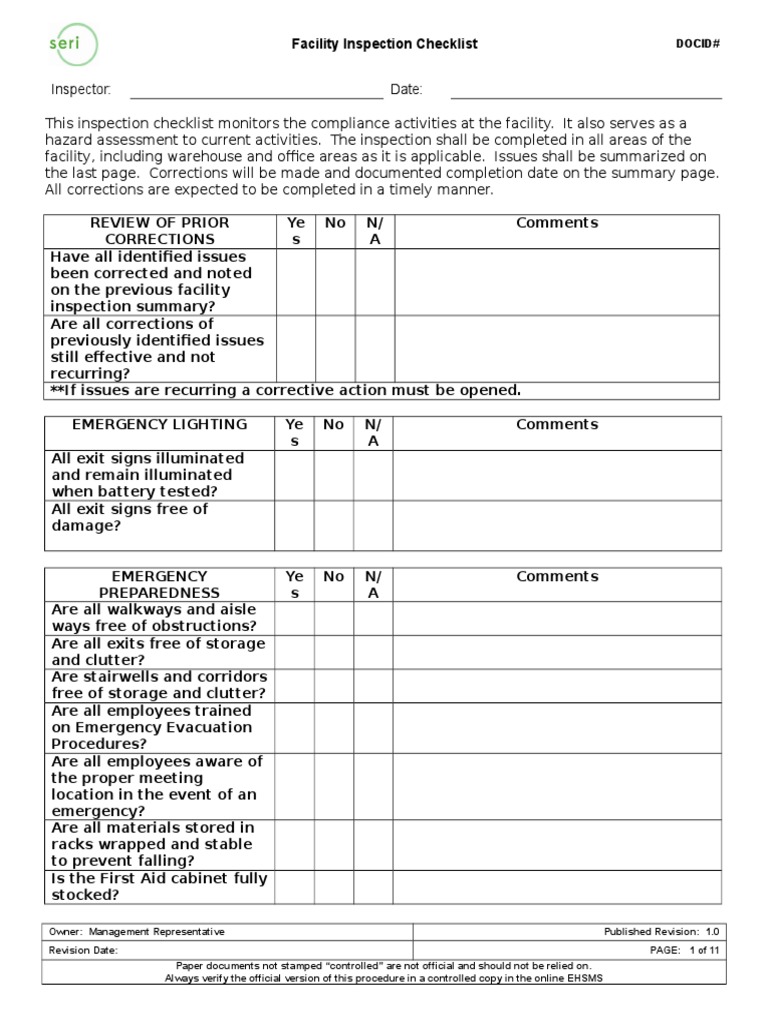 Comprehensive Facility Inspection Checklist | PDF | Personal Protective ...