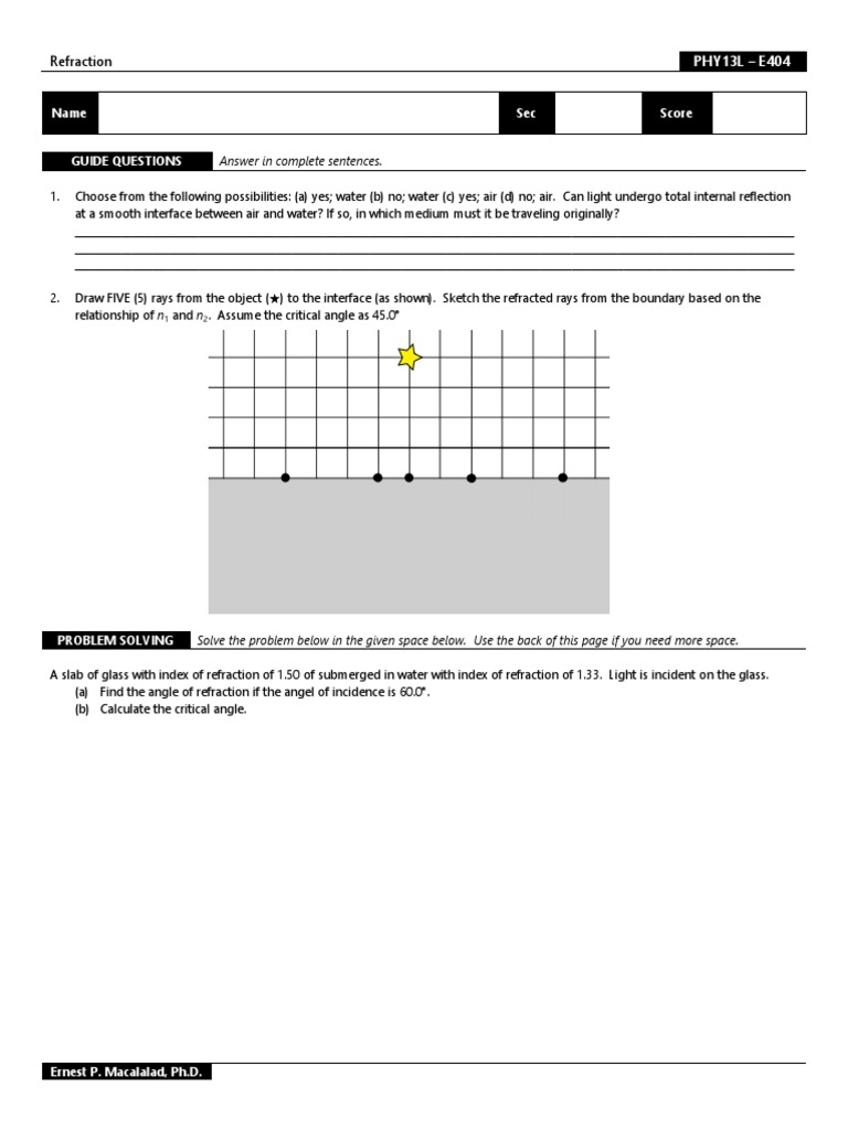 Answer in Complete Sentences. Refraction PDF Refraction Optics