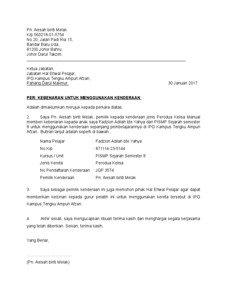 Surat Kebenaran Bawa Kereta Unimap