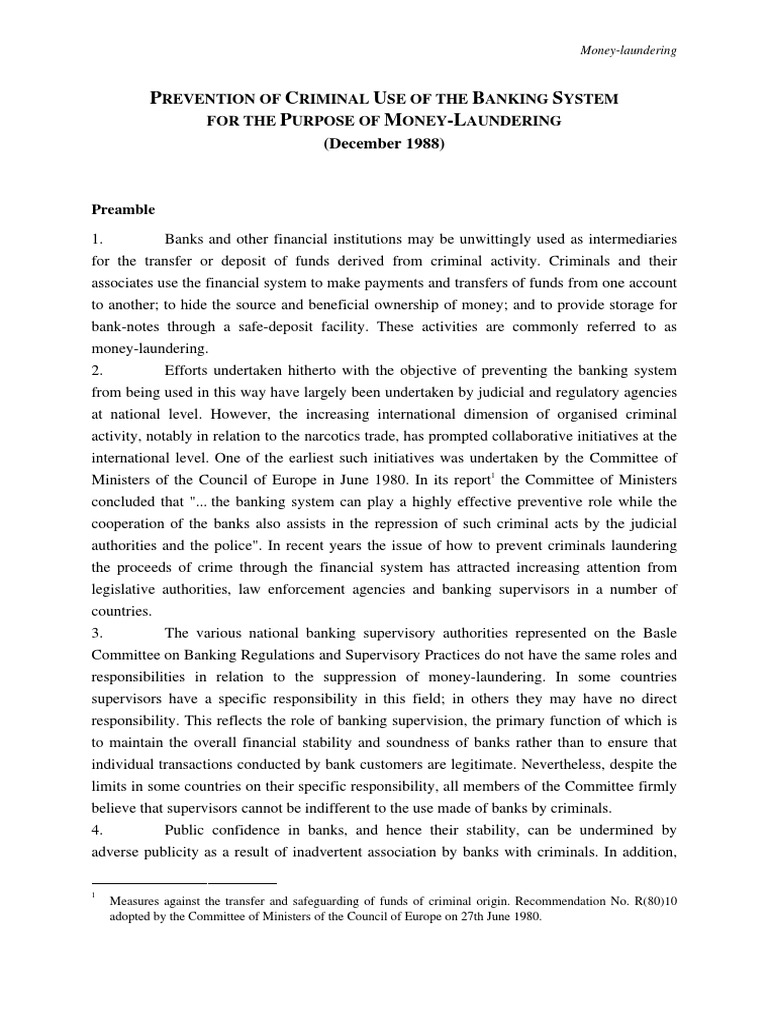 Basel Statement Of Principles Money Laundering Banks - 