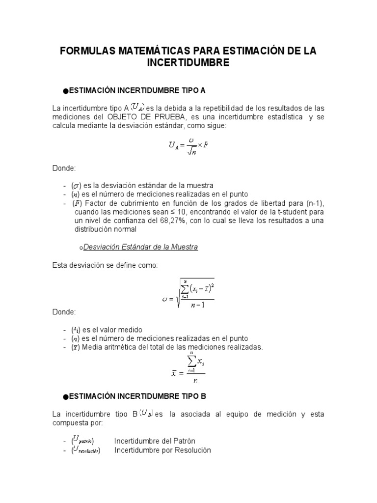 Formulas Matemáticas para Estimación de La Incertidumbre | PDF ...