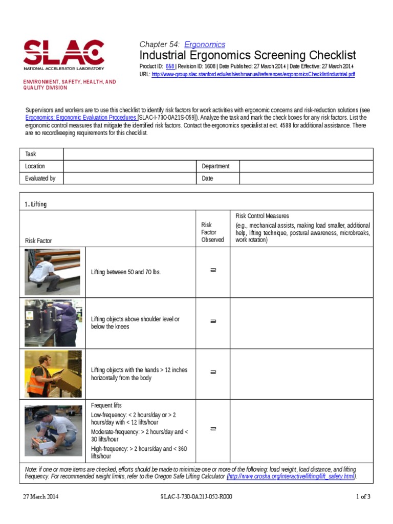 Ergonomics Checklist Industrial Prevention Working Conditions
