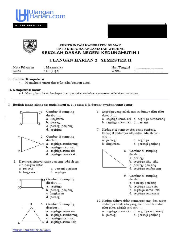 Uh2 Matematika Kelas Iii Sd Tema Unsur Dan Sifat Bangun Datar