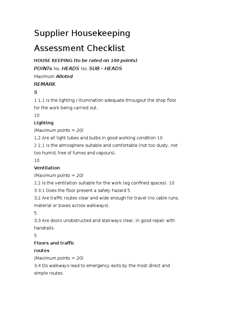 Supplier Housekeeping Assessment Checklist Points Heads Sub Heads