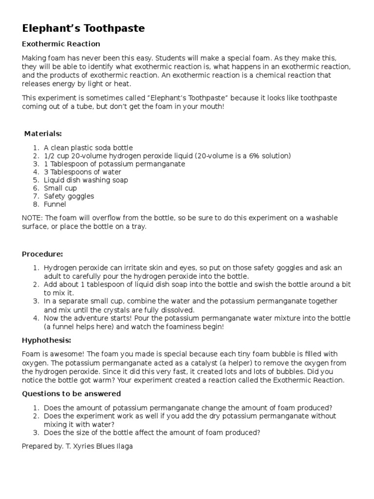 Elephant Toothpaste Experiment Guide | PDF