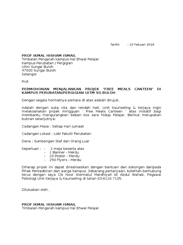 Surat Permohonan Kelulusan Projek Free Meals Canteen Pdf