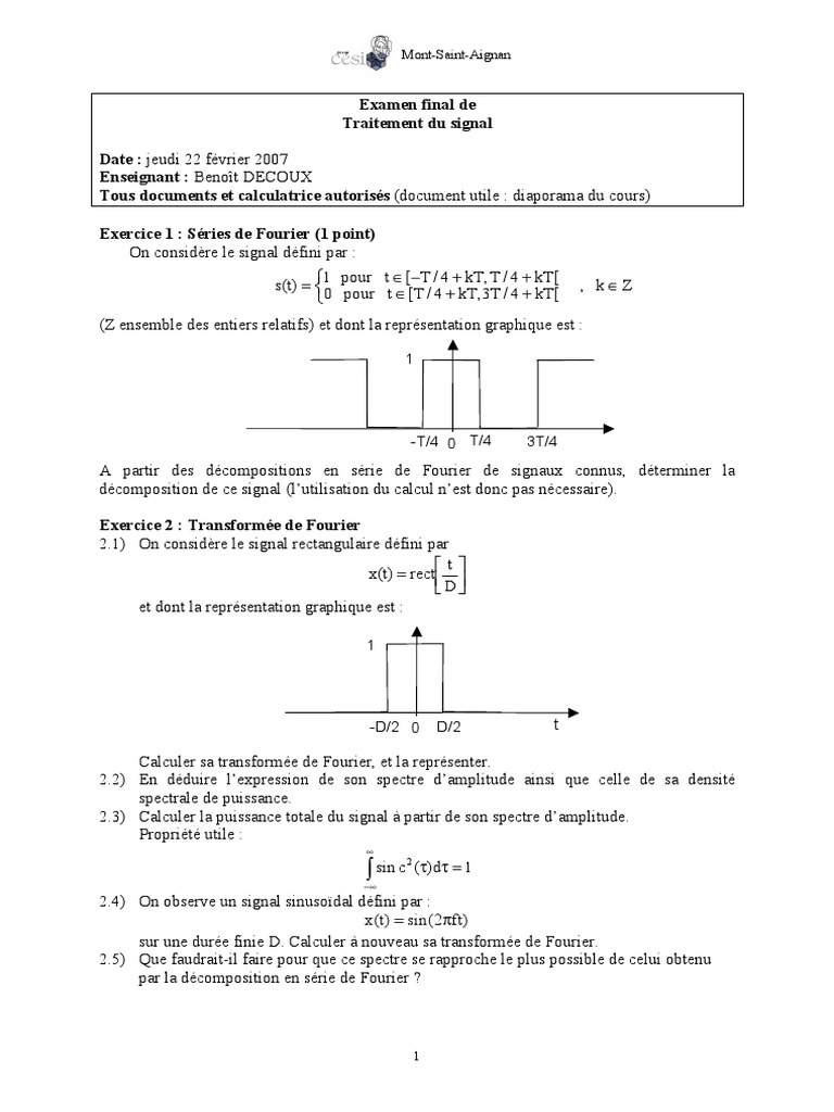 Examen final : Traitement du signal | PDF | Filtre (électronique ...
