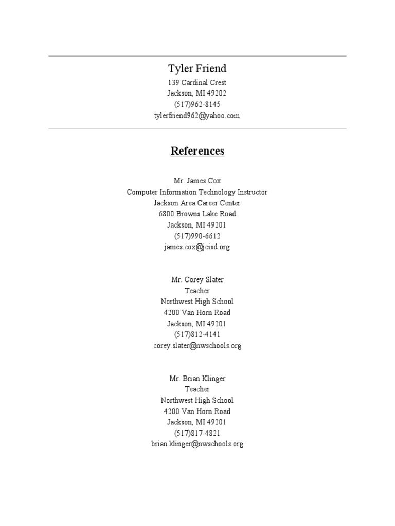 Tyler Friend's Professional References | PDF