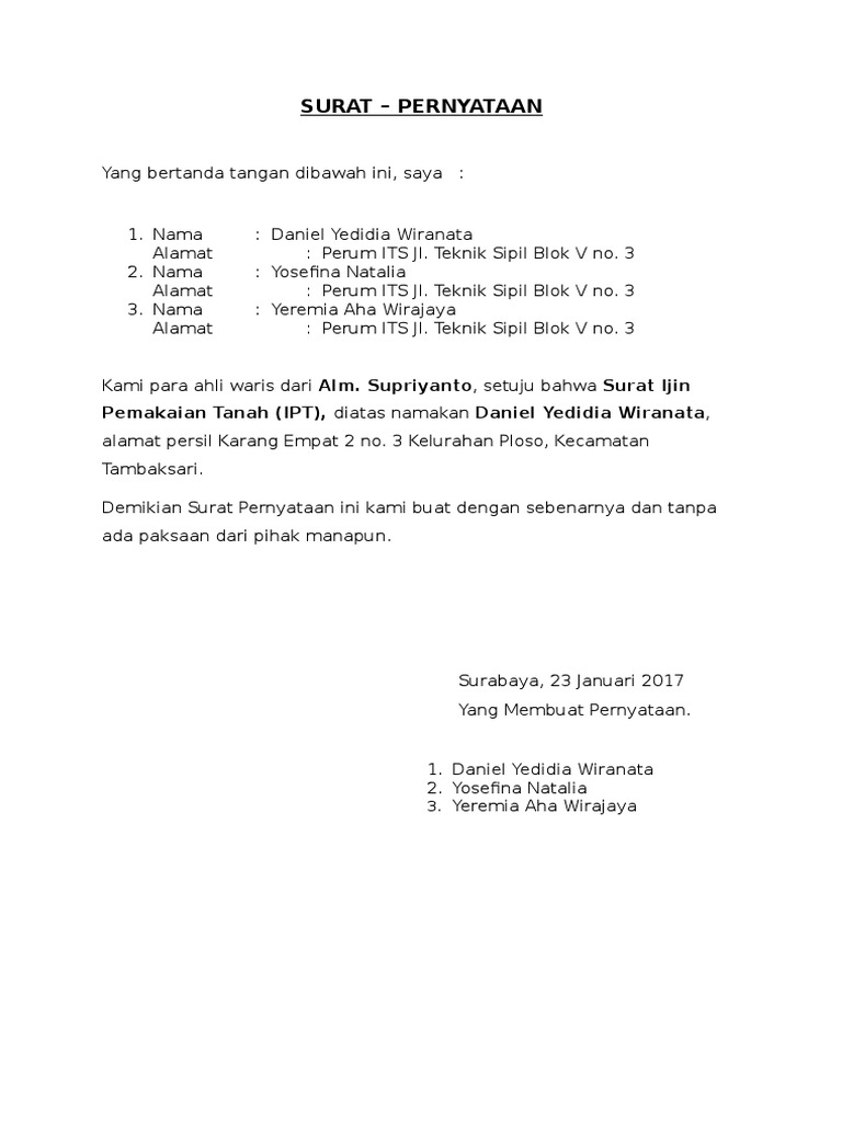Surat Pernyataan Waris IPT Supriyanto | PDF