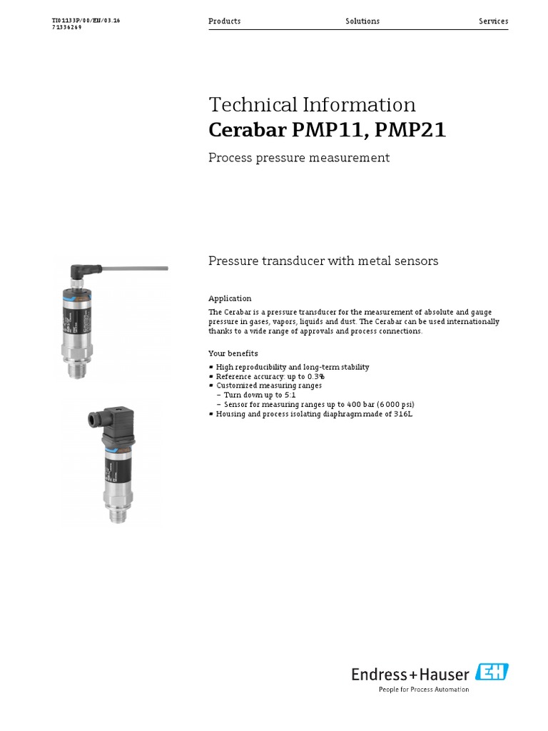 Cerabar PMP11 Pressure Transducer Specs | PDF | Pressure Measurement ...