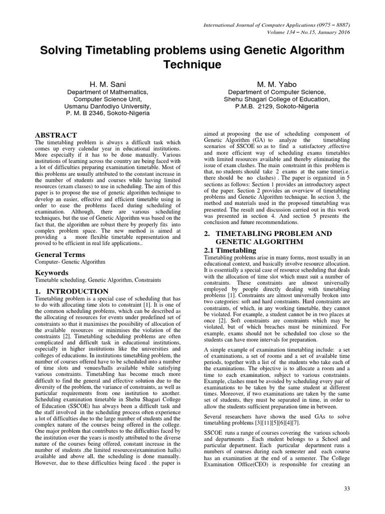 Genetic Algorithm for Timetabling Solutions | PDF