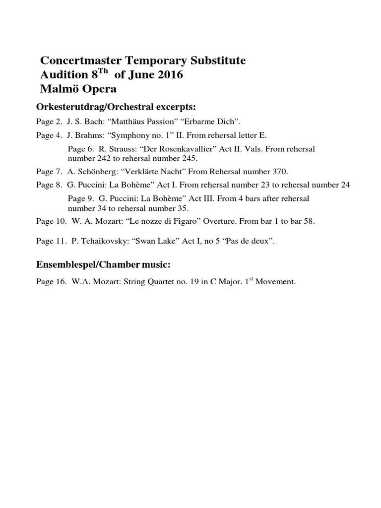 Concertmaster Temporary Substitute Audition 8 of June 2016 Malmö Opera
