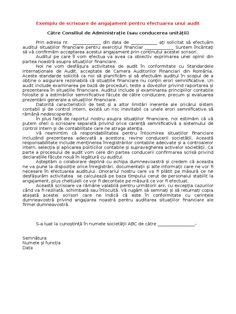 Exemplu de Scrisoare de Angajament Pentru Efectuarea Unui Audit