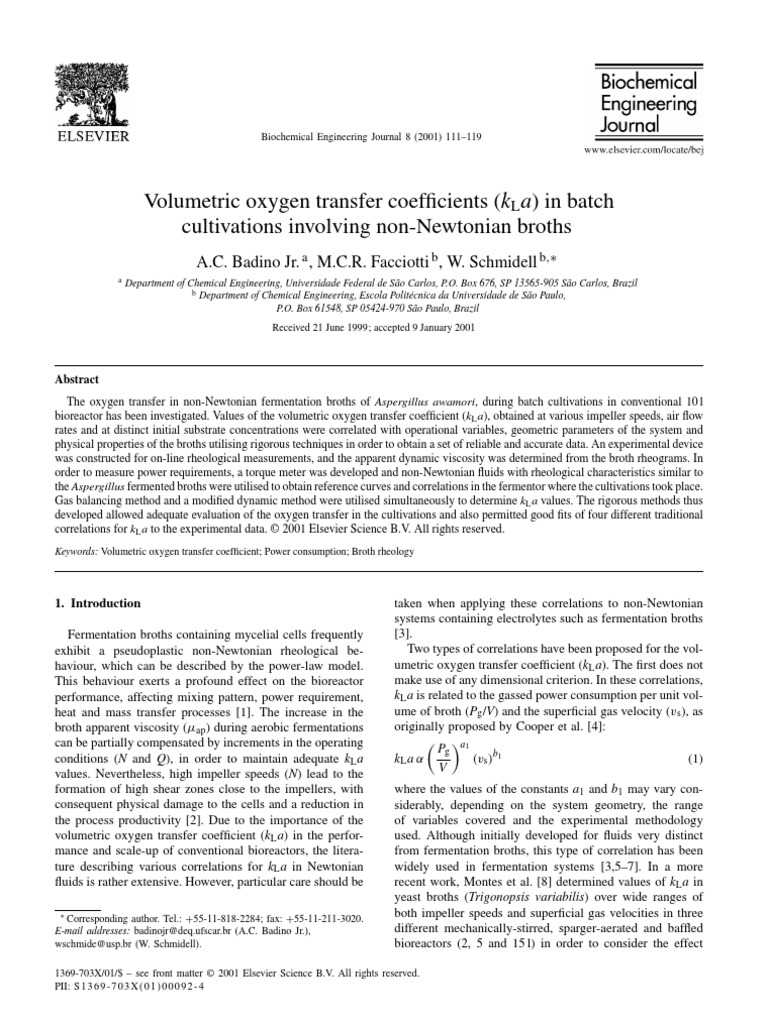 Volumetric Oxygen Transfer Coefficients PDF | PDF | Rheology ...