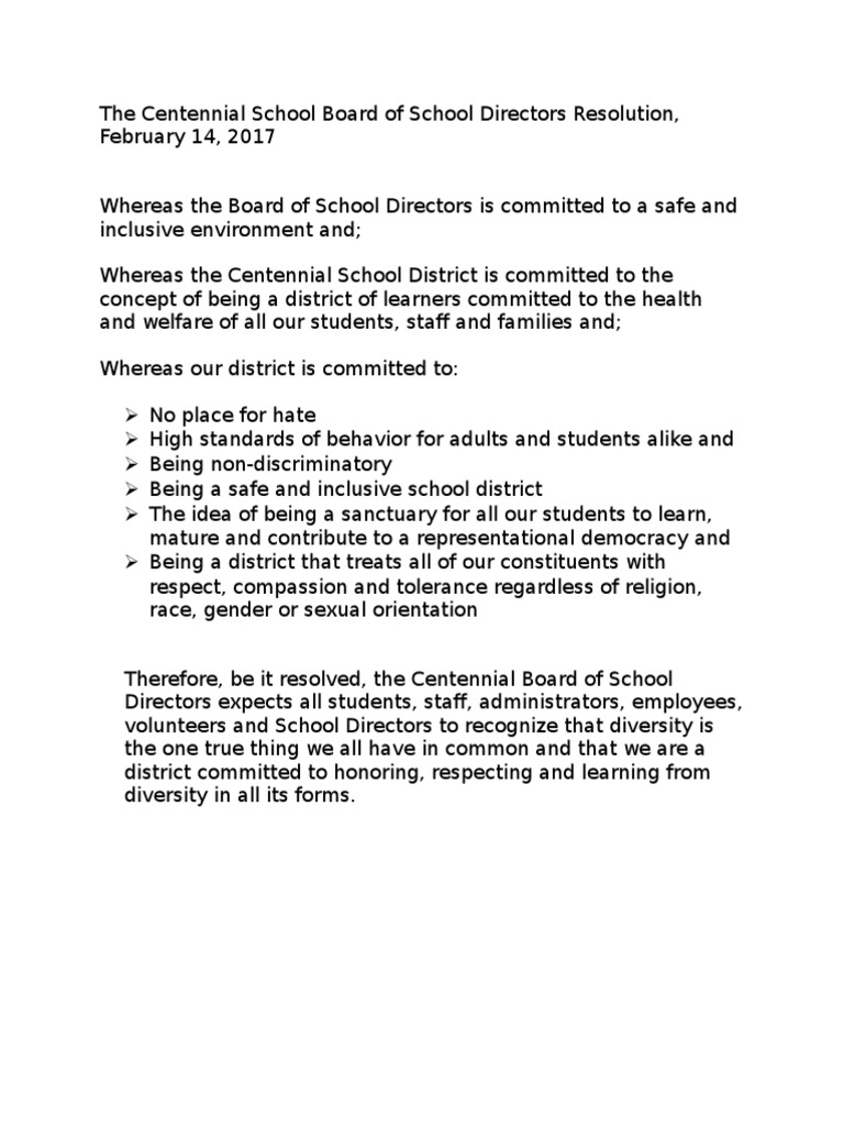 Centennial School Board Resolution