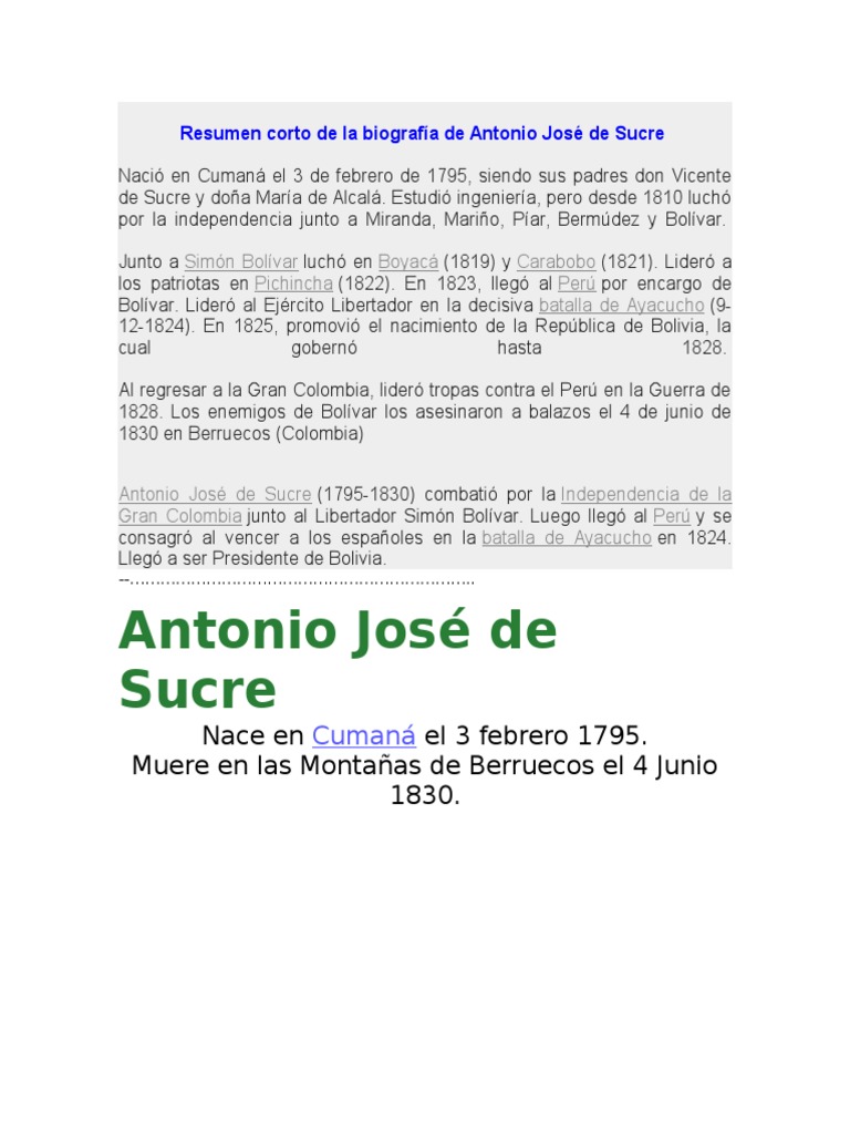 Resumen corto de la biografía de Antonio José de Sucre