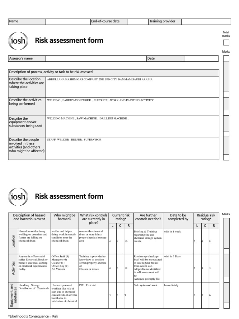 Risk Assessment Project 3 Welding Risk