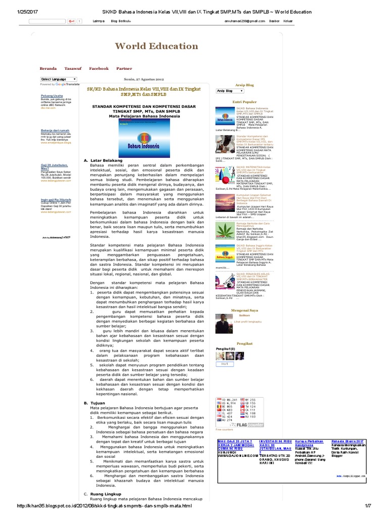SK_KD Bahasa Indonesia Kelas VII,VIII Dan IX Tingkat SMP,MTs Dan SMPLB