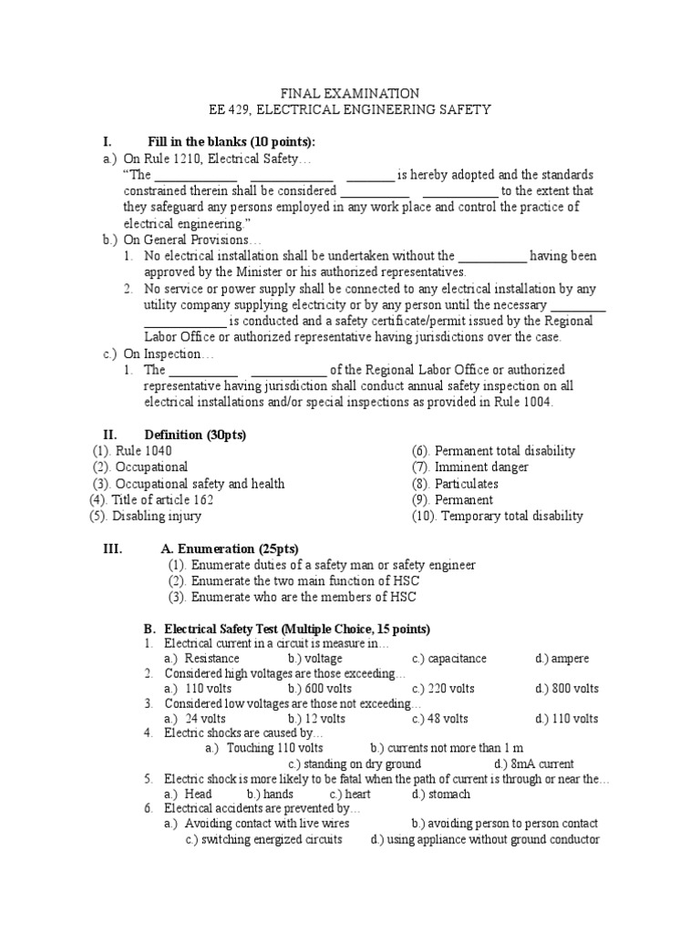 Electrical Engineering Safety Exam Guide | PDF | Switch | Fuse (Electrical)