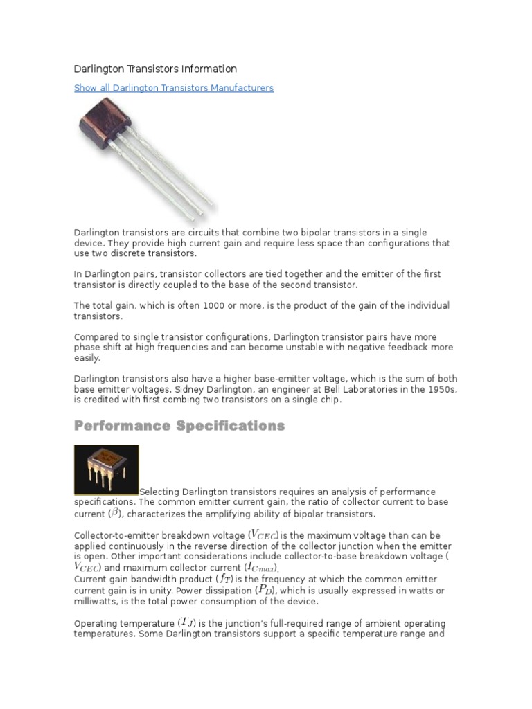 Darlington Transistors Overview | PDF | Bipolar Junction Transistor ...