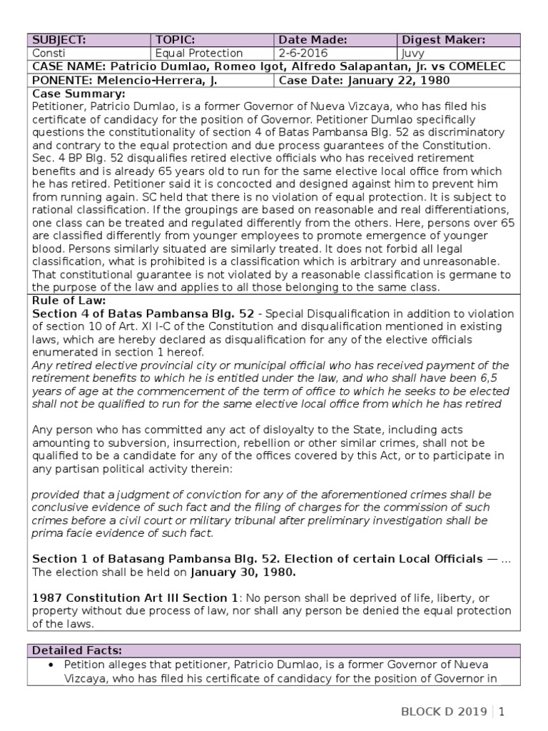 Dumlao Vs Comelec PDF Case Or Controversy Clause Equal Protection Clause