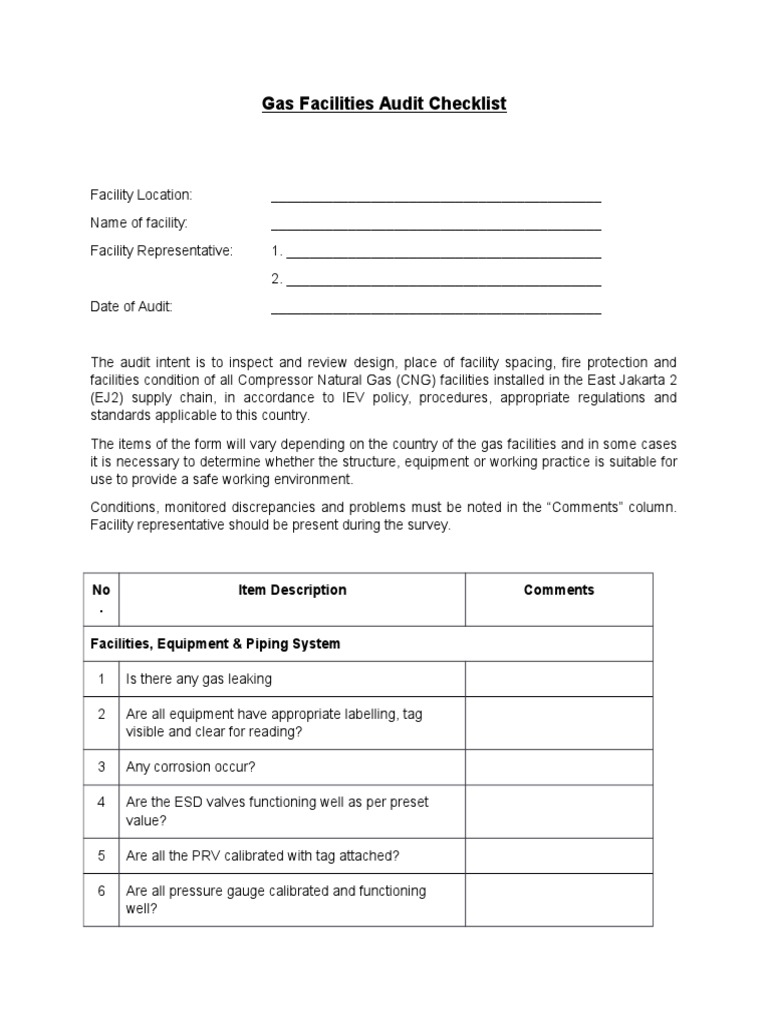 Gas Facilities Audit Checklist PDF Pipeline Transport Calibration