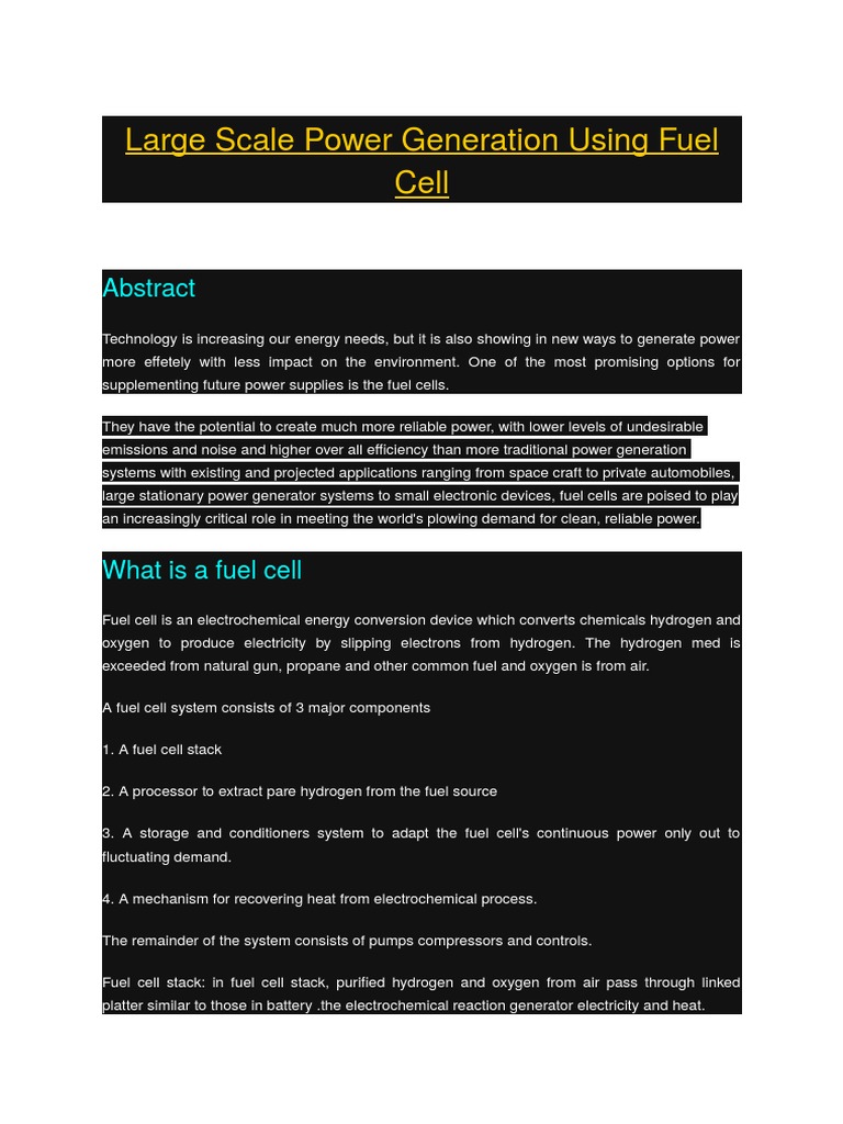 Large Scale Power Generation Using Fuel Cell Proton Exchange Membrane