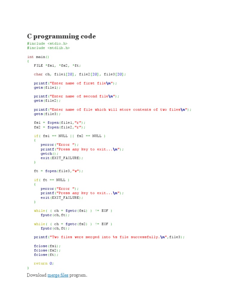 Merging the Contents of Two Files into a Third File Using C | PDF