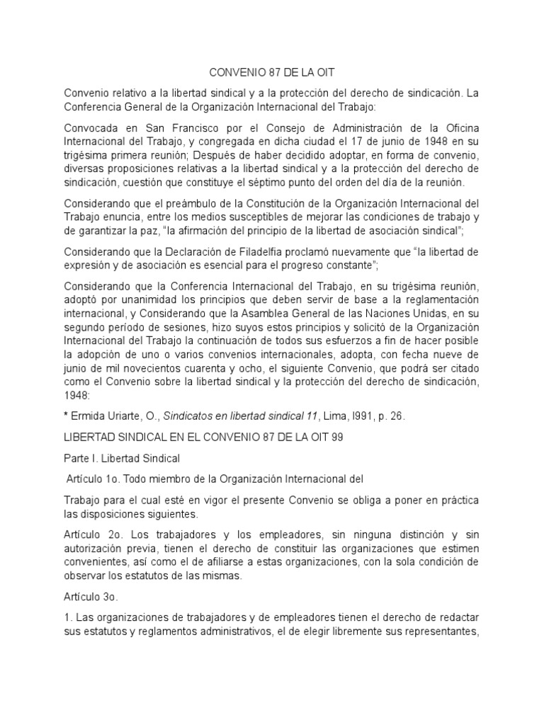 Convenio 87 de La Oit Organización