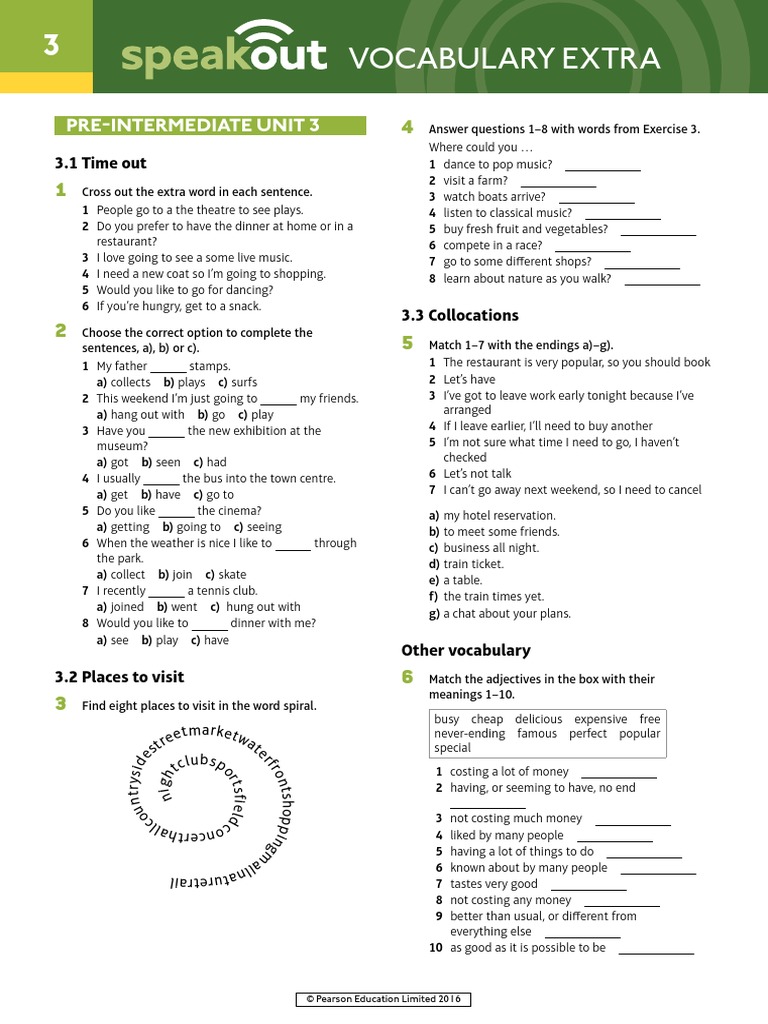 Speakout Vocabulary Extra Pre-intermediate Unit 3.pdf | Leisure