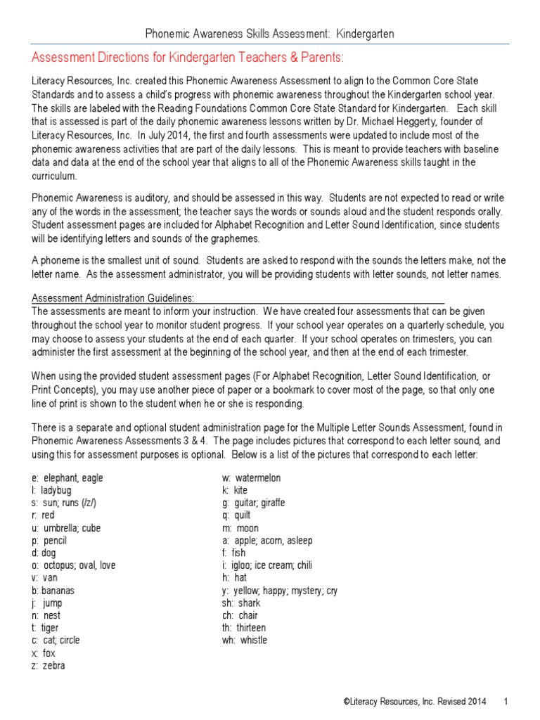 kindergarten pa assessments july 2014 | Syllable | Phoneme