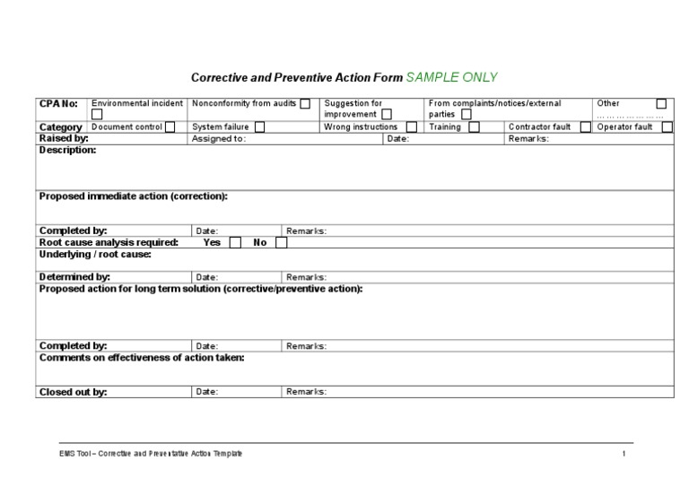 m Corrective and Preventive Action Form