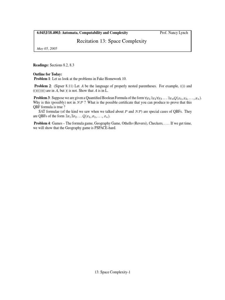 Recitation 13: Space Complexity | PDF | Teaching Methods & Materials