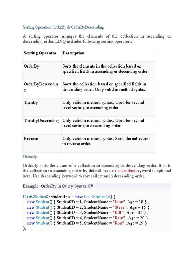 Sorting Operators Ks | PDF | C Sharp (Programming Language) | Anonymous ...
