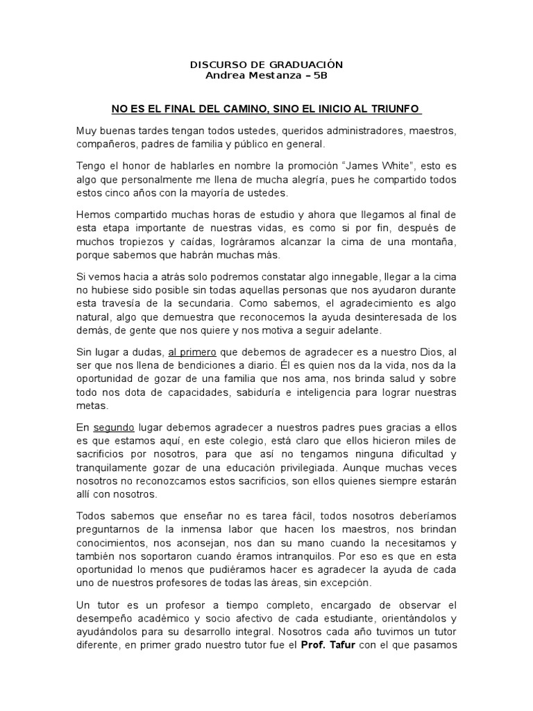 Discurso De La Ceremonia De Graduación De La Escuela Secundaria