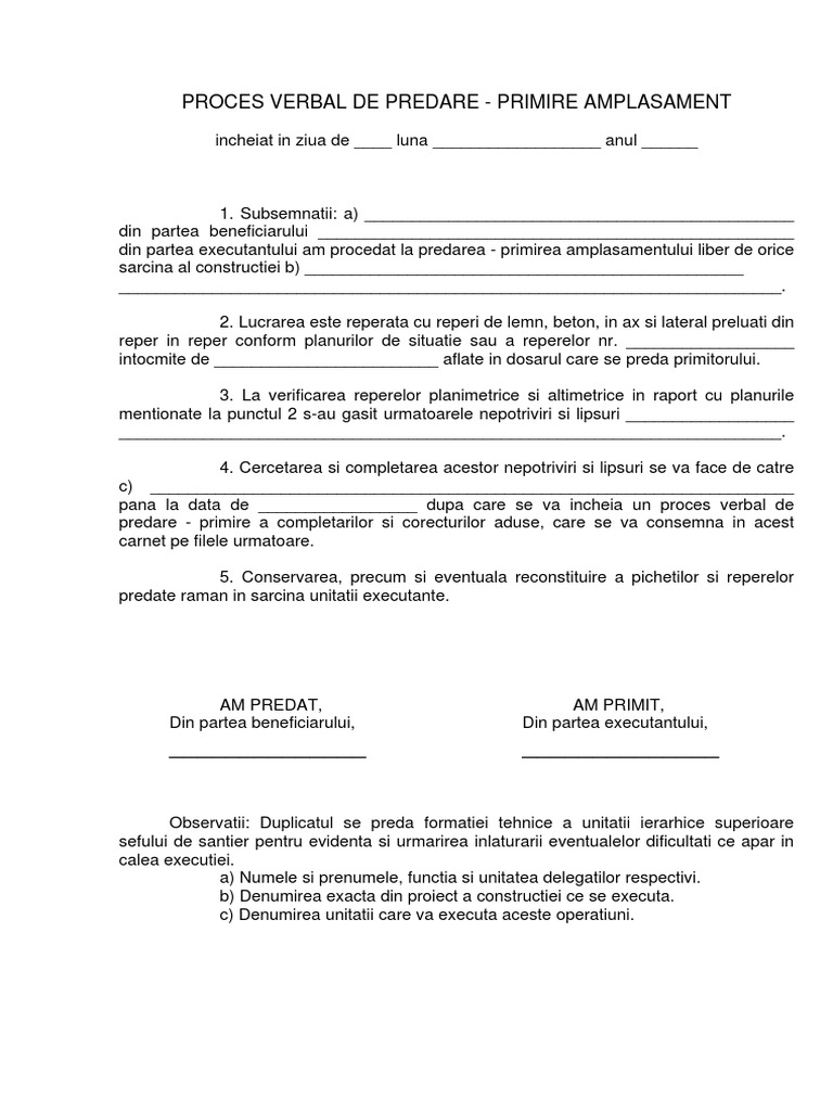 Proces Verbal de Primire Predare Amplasament PDF | PDF