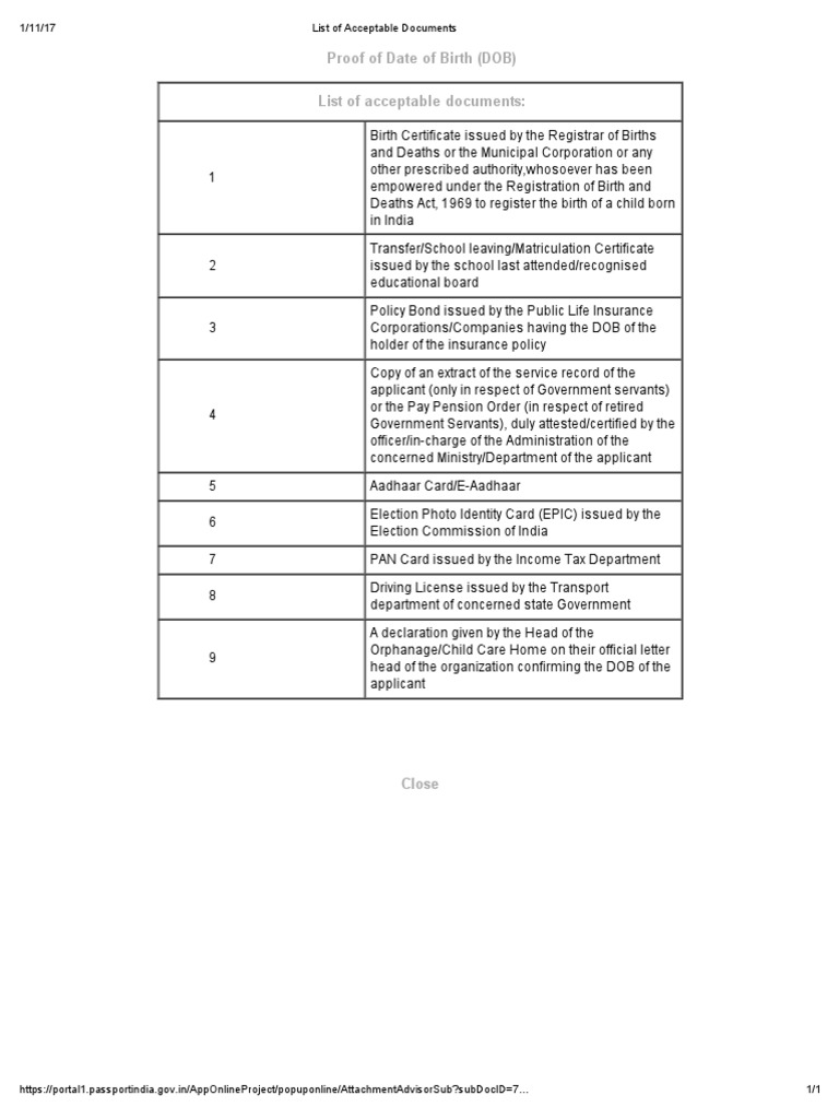 List of Acceptable DocumentsDOB For Passport PDF Birth Certificate