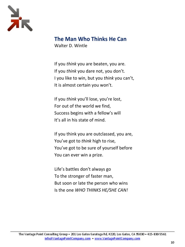 The Man Who Thinks He Can Poem Worksheet