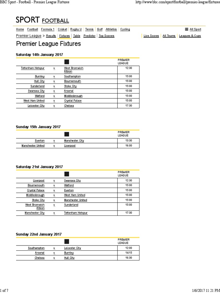 BBC Sport Football Premier League Fixtures PDF Premier League